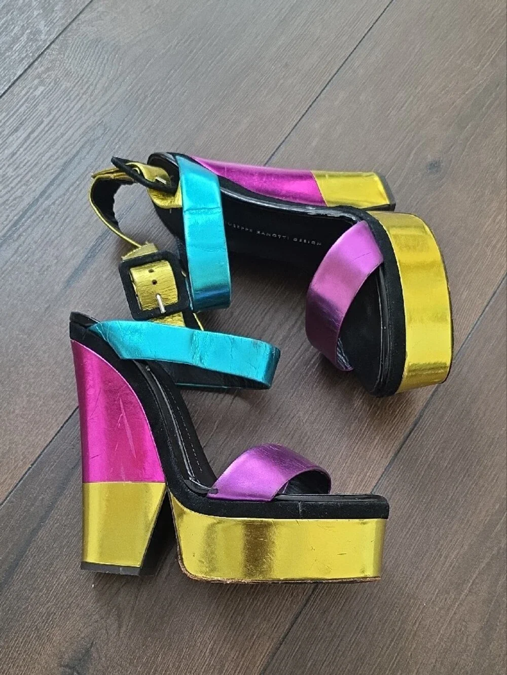 Giuseppe Zanotti metallic color block leather platform wedge sandals